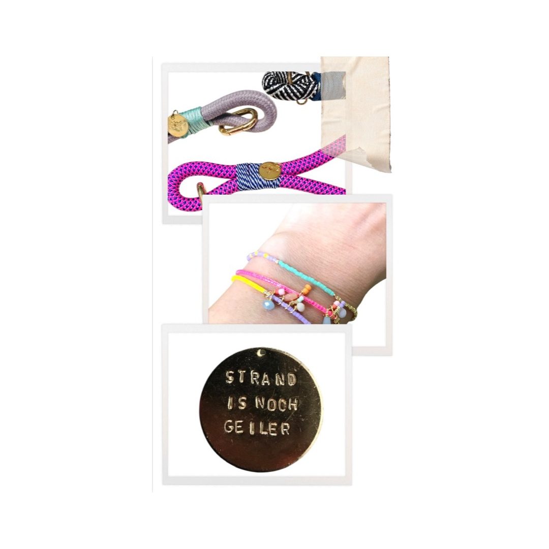 Verschiedene farbige Armbänder und Anhänger auf einem hellen Hintergrund. Personalisierbare Anhänger 