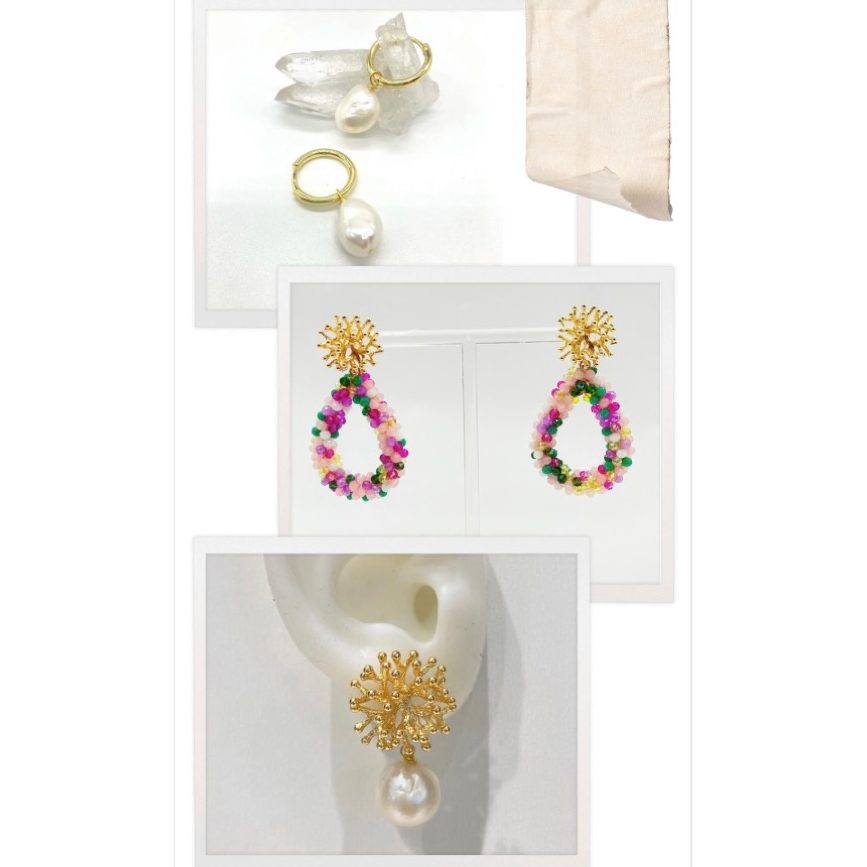 Schmuckstücke: Ohrringe mit Blüten, Perle, Ring und Brosche. Eleganter, bunter Stil. Korallen Top und Facett Tropfen